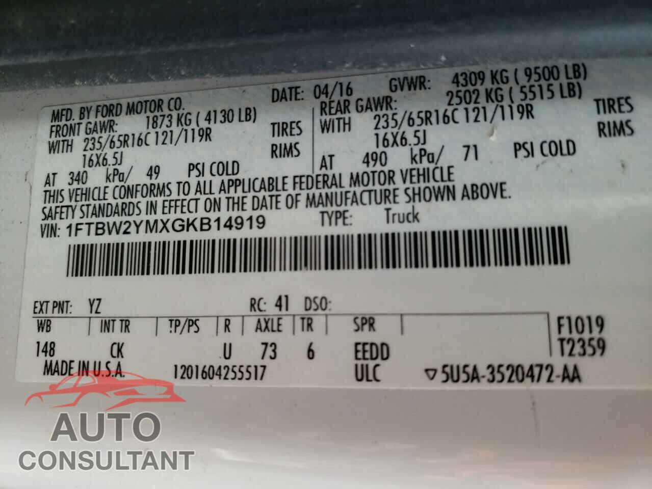 FORD TRANSIT CO 2016 - 1FTBW2YMXGKB14919