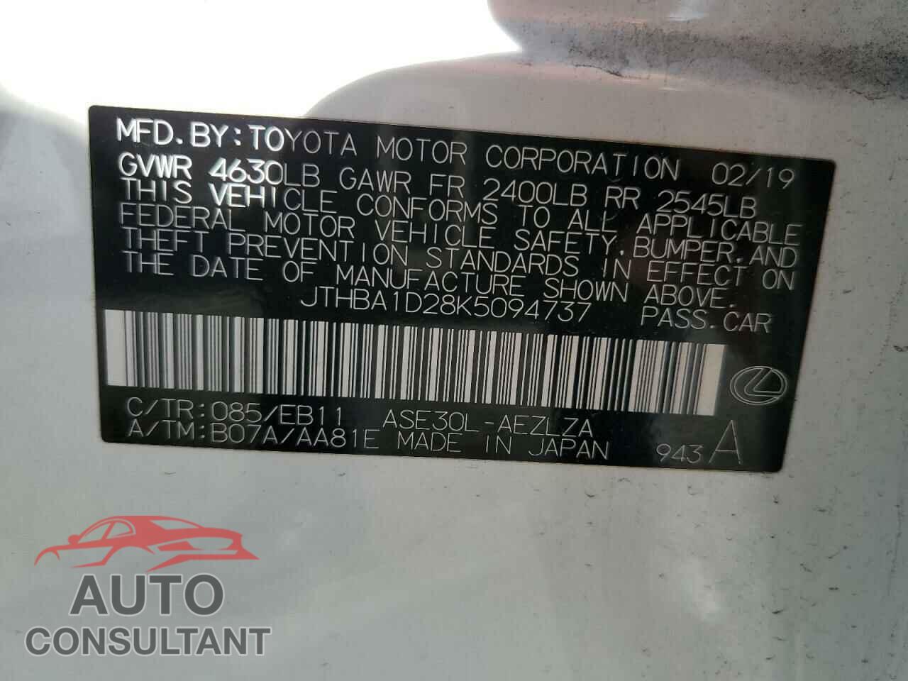 LEXUS IS 2019 - JTHBA1D28K5094737