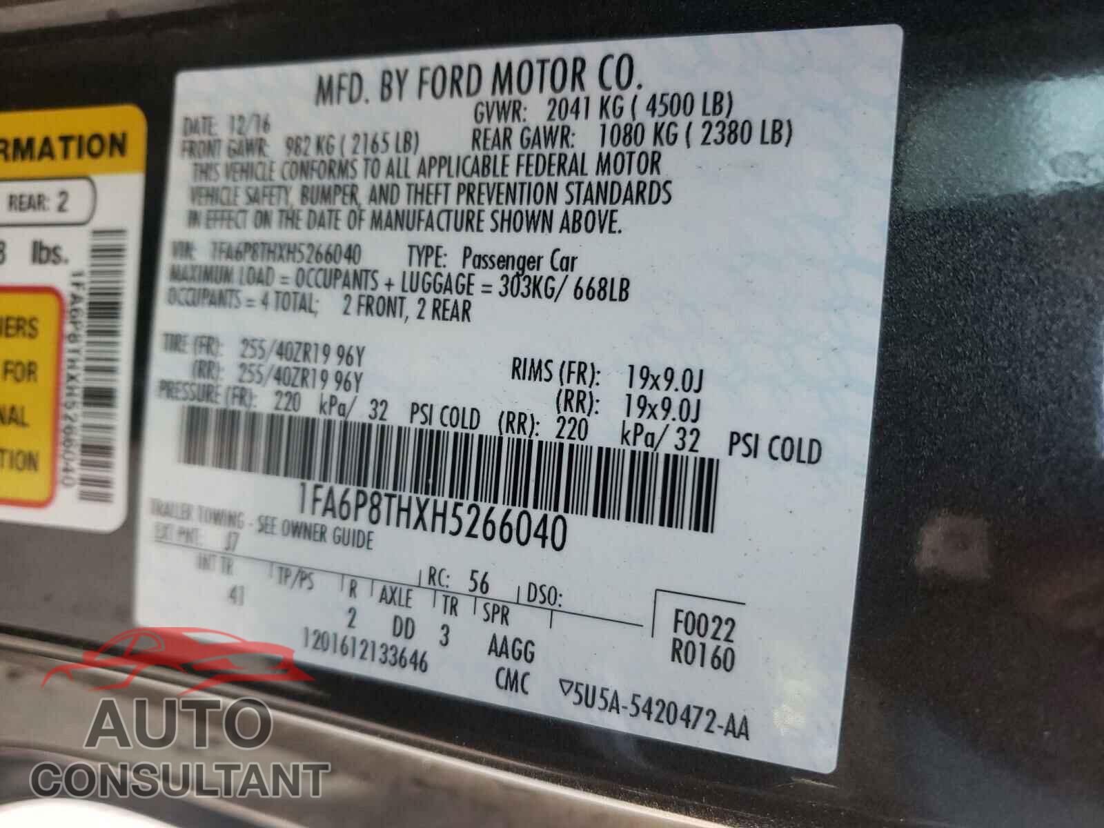 FORD MUSTANG 2017 - 1FA6P8THXH5266040