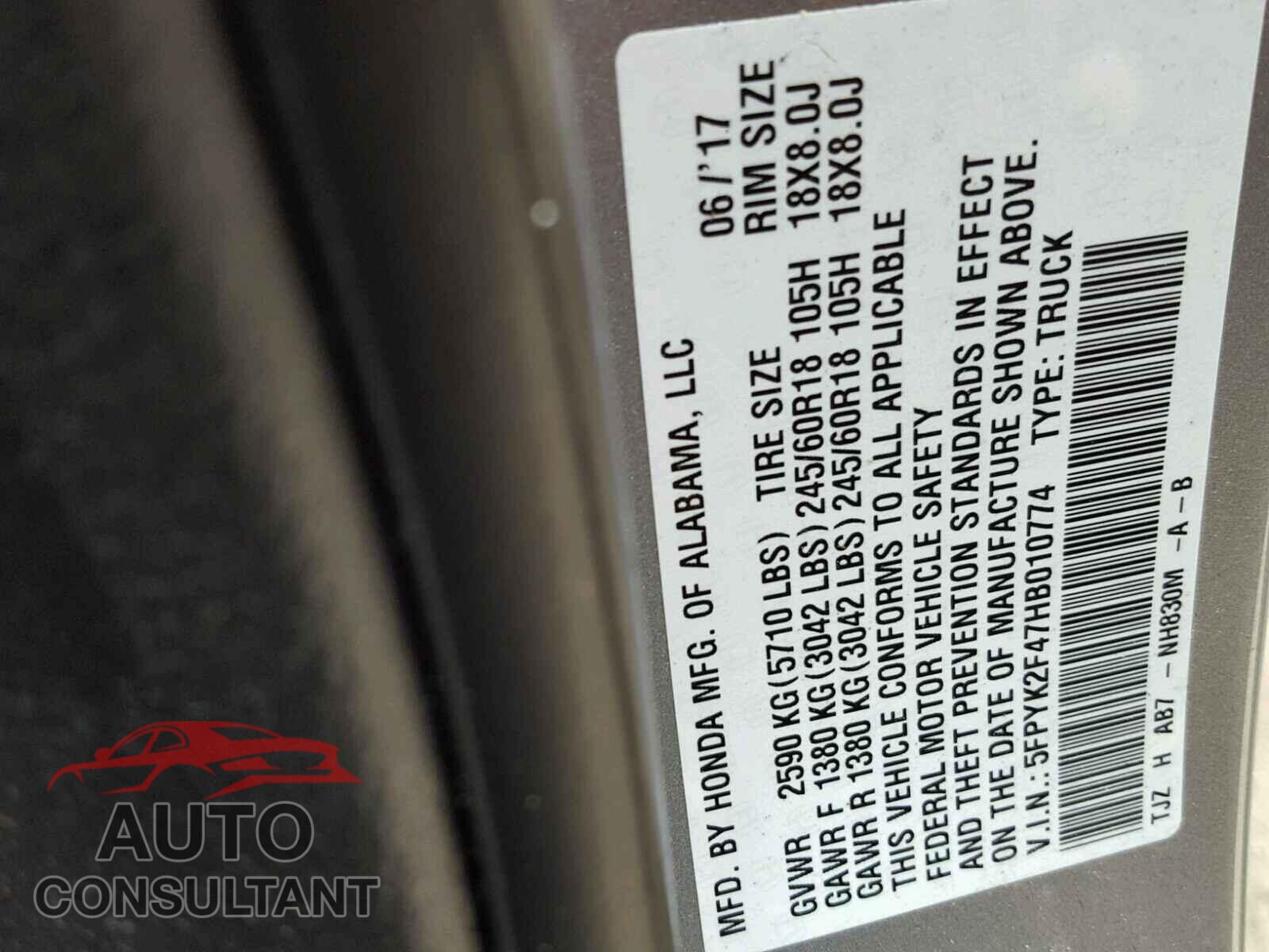 HONDA RIDGELINE 2017 - 5FPYK2F47HB010774