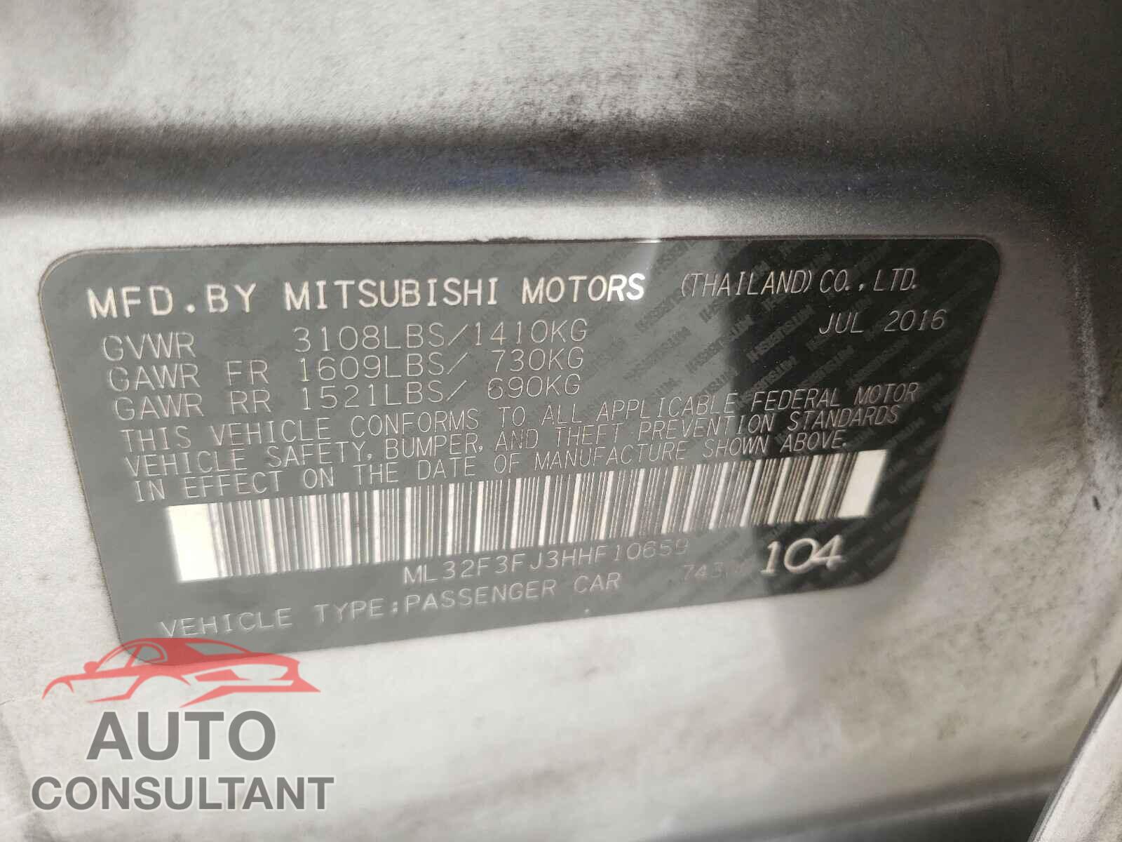 MITSUBISHI MIRAGE 2017 - ML32F3FJ3HHF10659
