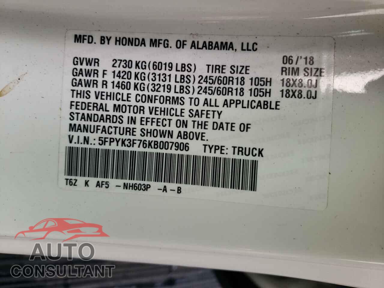HONDA RIDGELINE 2019 - 5FPYK3F76KB007906