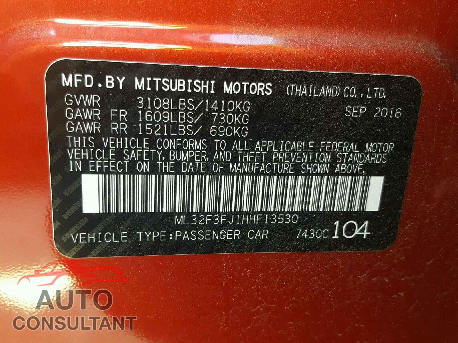 MITSUBISHI MIRAGE 2017 - ML32F3FJ1HHF13530