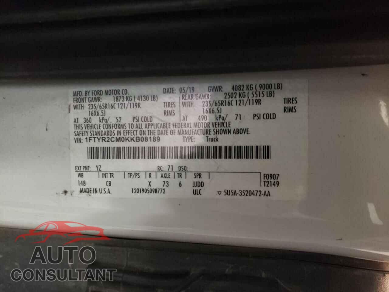 FORD TRANSIT CO 2019 - 1FTYR2CM0KKB08189