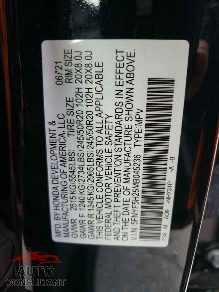 HONDA PILOT 2021 - 5FNYF5H25MB045236