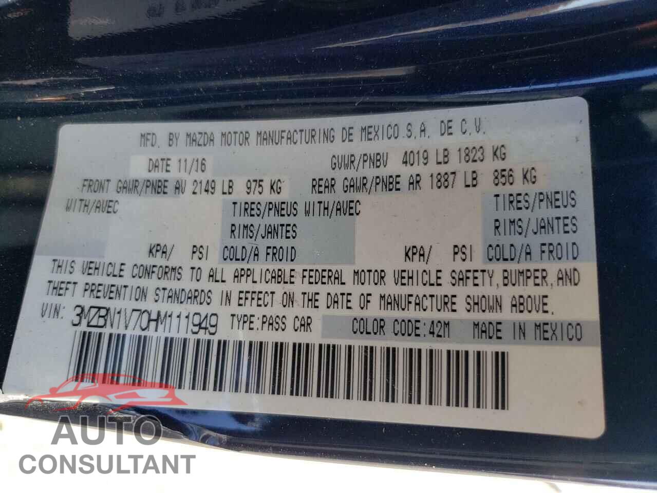 MAZDA 3 2017 - 3MZBN1V70HM111949
