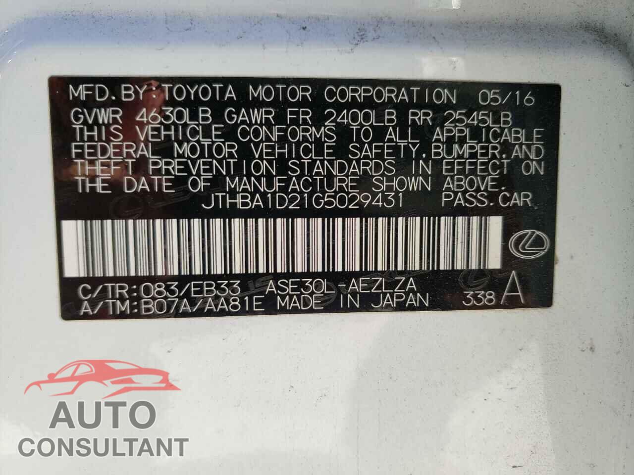 LEXUS IS 2016 - JTHBA1D21G5029431