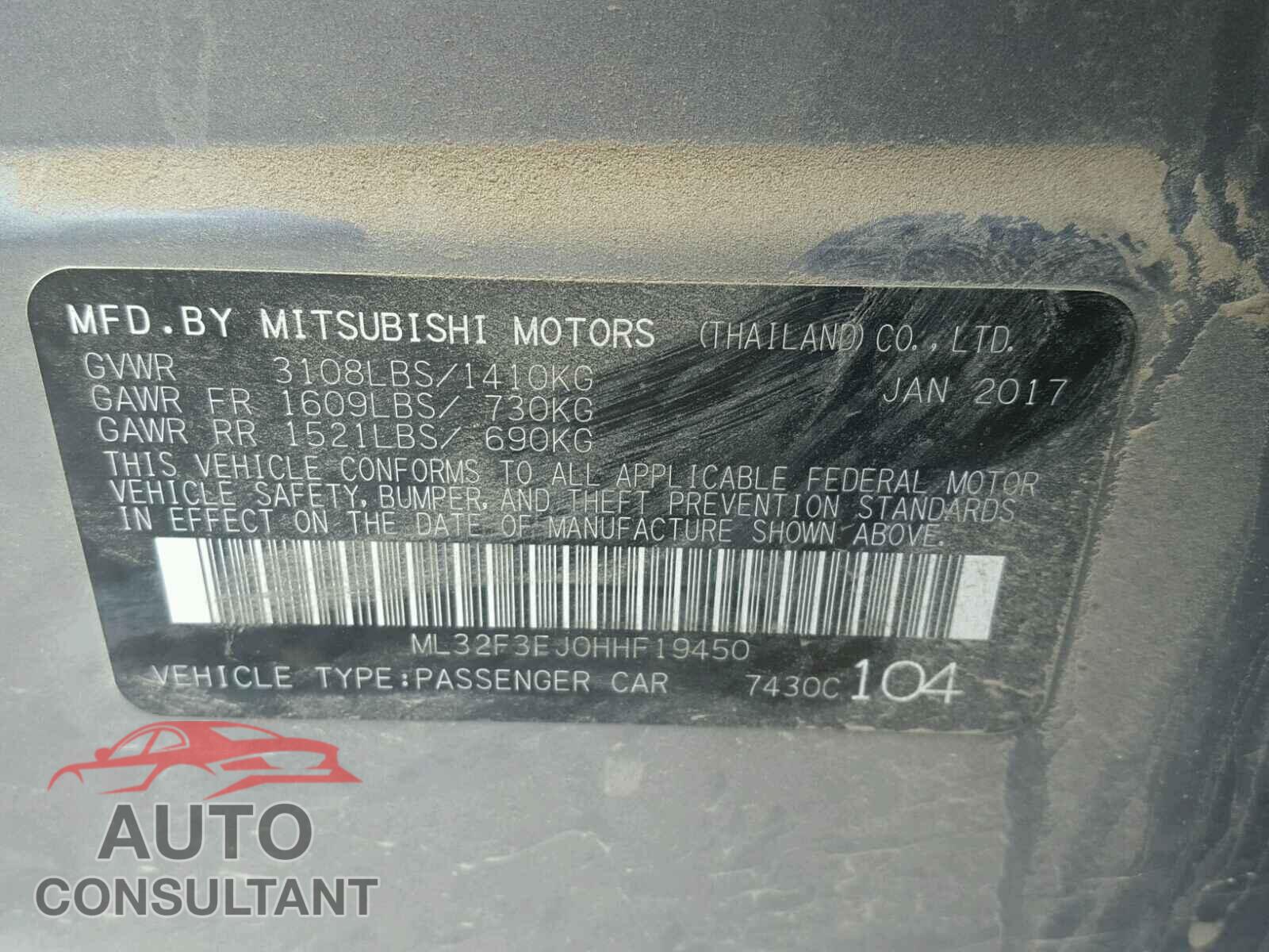 MITSUBISHI MIRAGE 2017 - ML32F3FJ0HHF19450