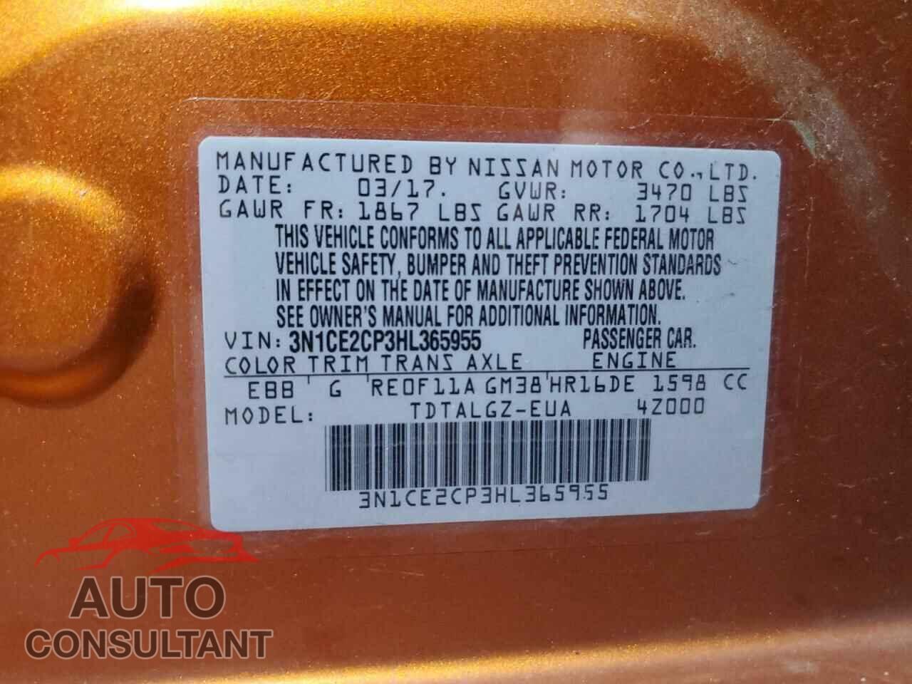 NISSAN VERSA 2017 - 3N1CE2CP3HL365955