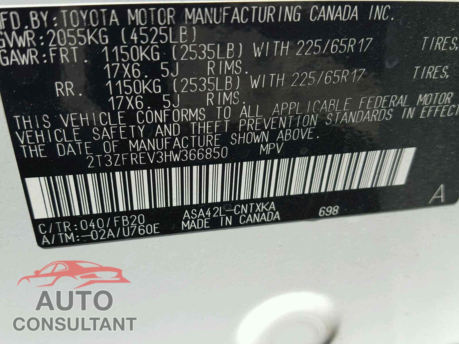 TOYOTA RAV4 2017 - 2T3ZFREV3HW366850