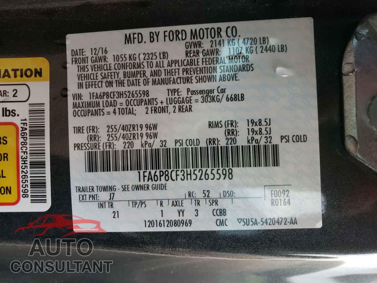 FORD MUSTANG 2017 - 1FA6P8CF3H5265598