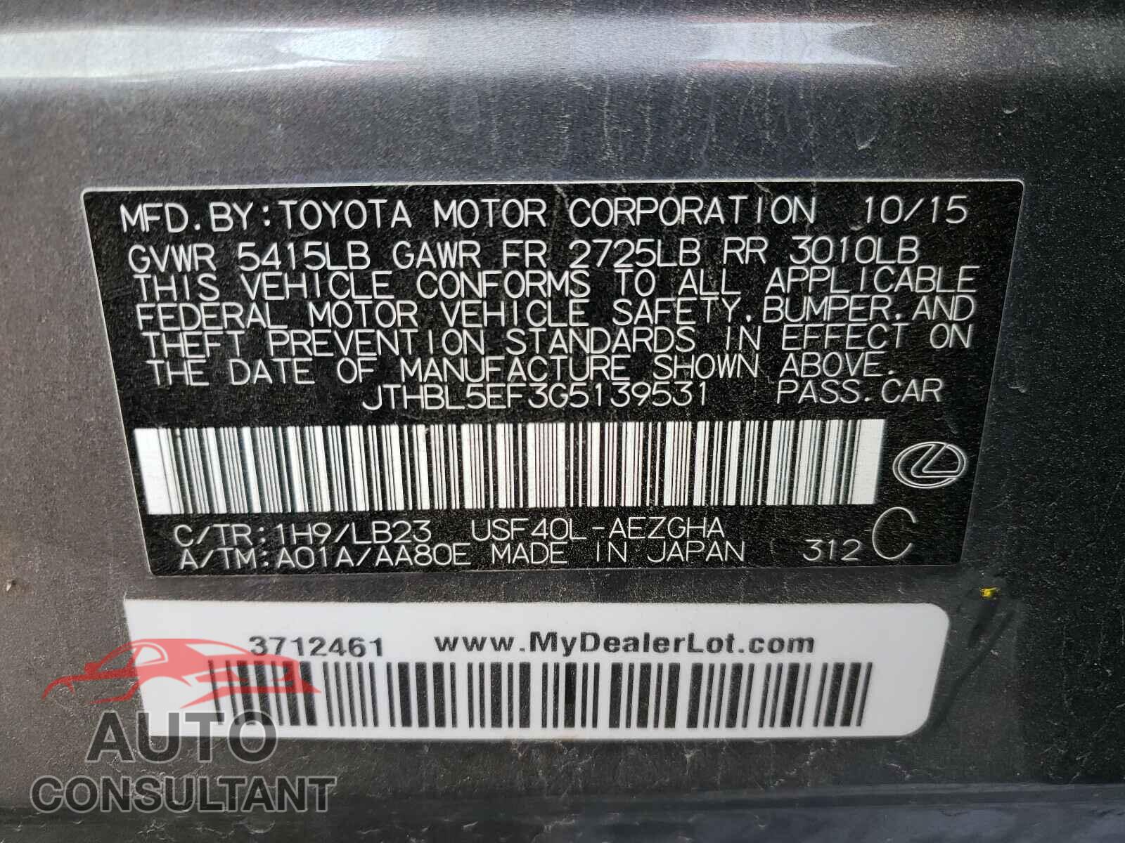 LEXUS LS460 2016 - JTHBL5EF3G5139531