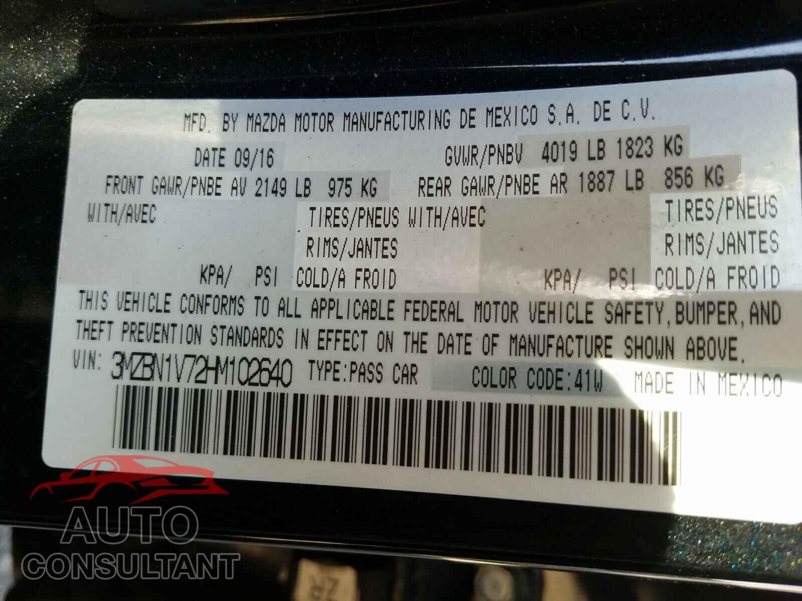 MAZDA 3 2017 - 3MZBN1V72HM102640