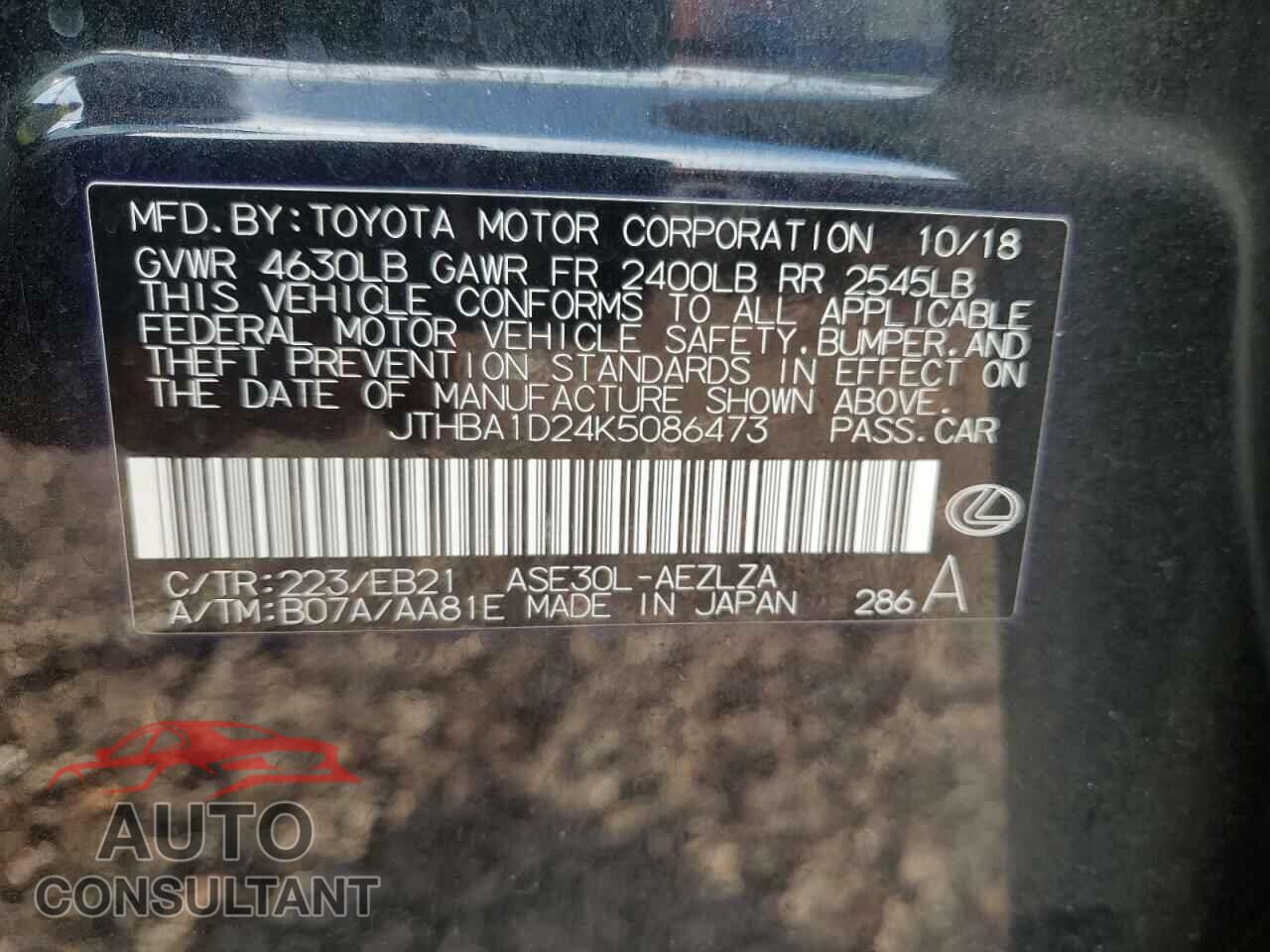 LEXUS IS 2019 - JTHBA1D24K5086473