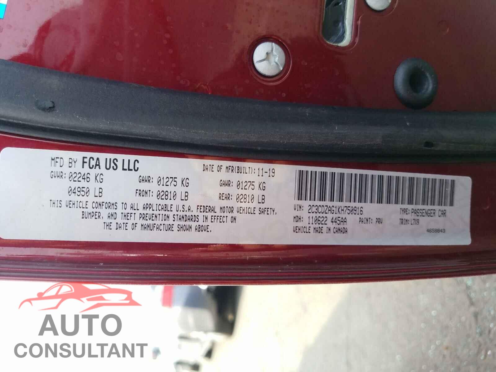DODGE CHALLENGER 2019 - 2C3CDZAG1KH750916