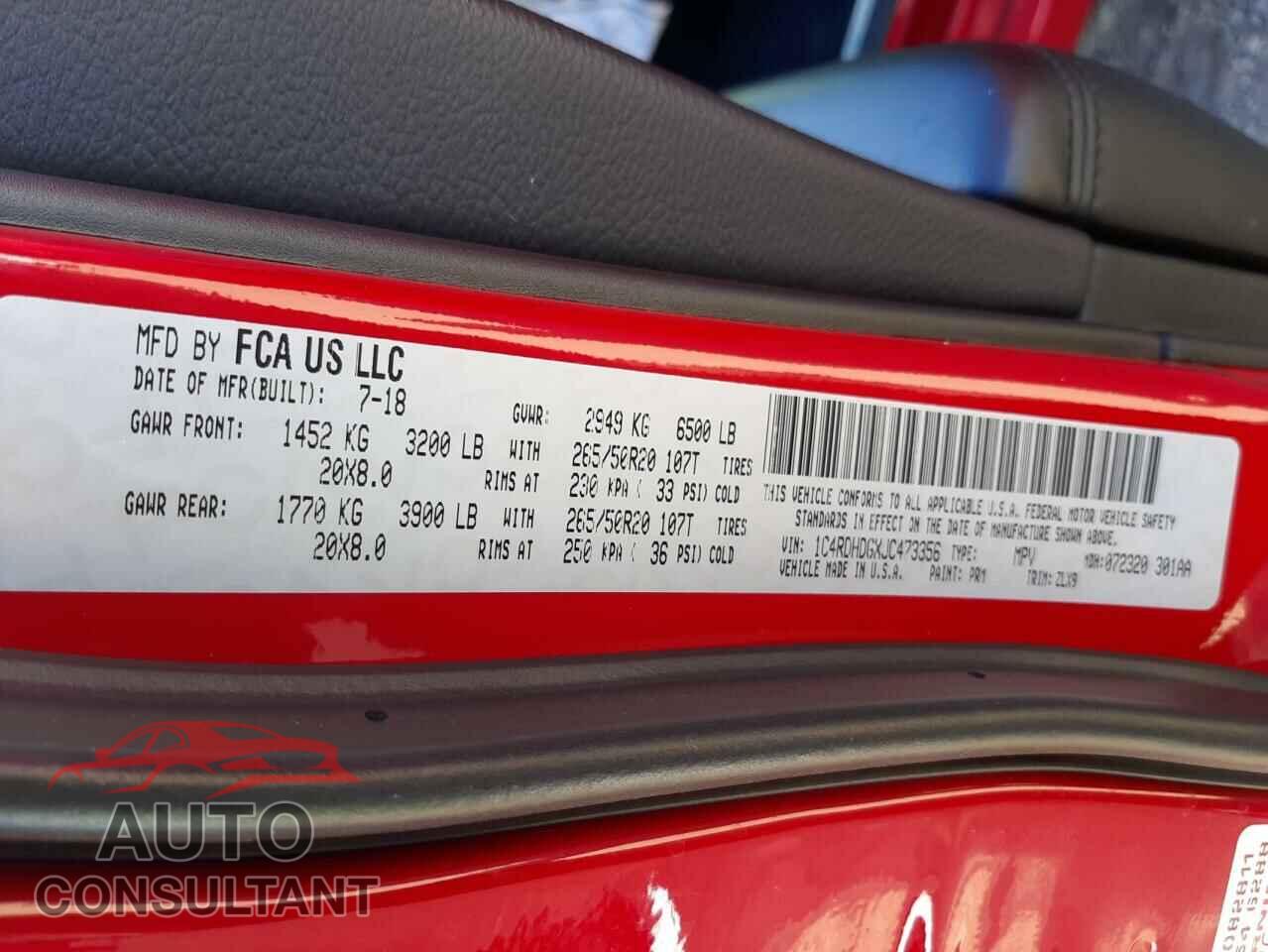 DODGE DURANGO 2018 - 1C4RDHDGXJC473356