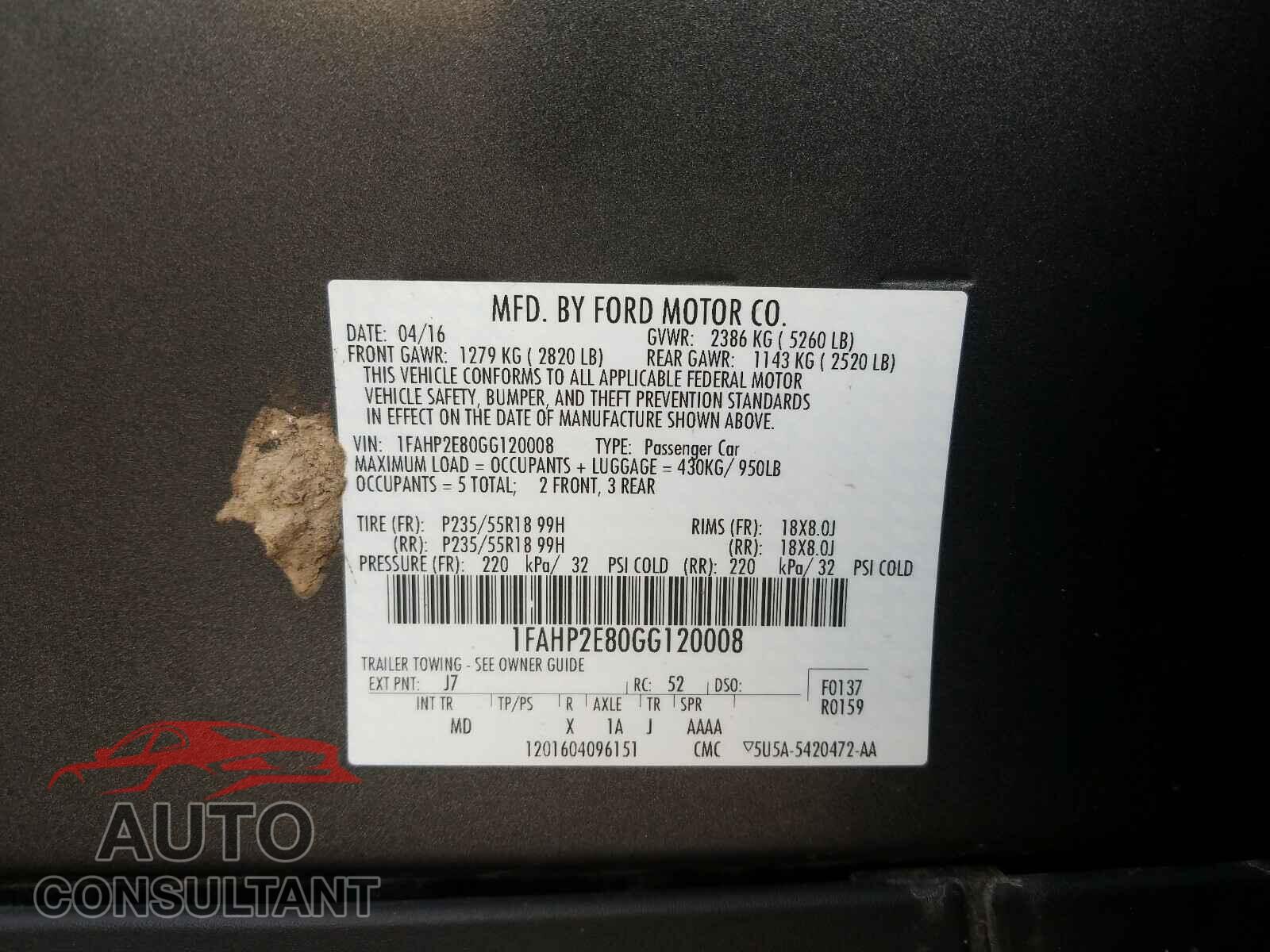 FORD TAURUS 2016 - 1FAHP2E80GG120008