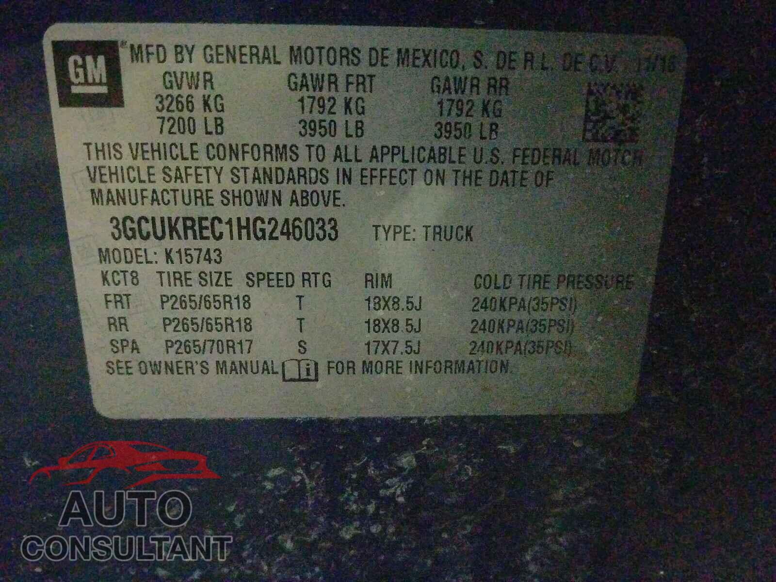 CHEVROLET SILVERADO 2017 - 3GCUKREC1HG246033