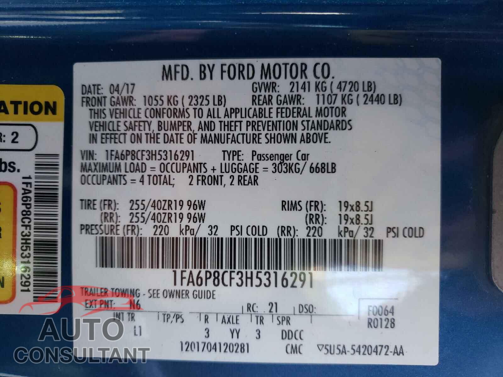 FORD MUSTANG 2017 - 1FA6P8CF3H5316291