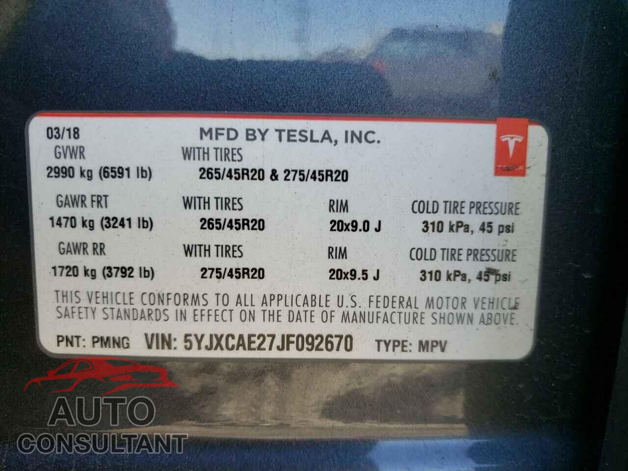 TESLA MODEL X 2018 - 5YJXCAE27JF092670