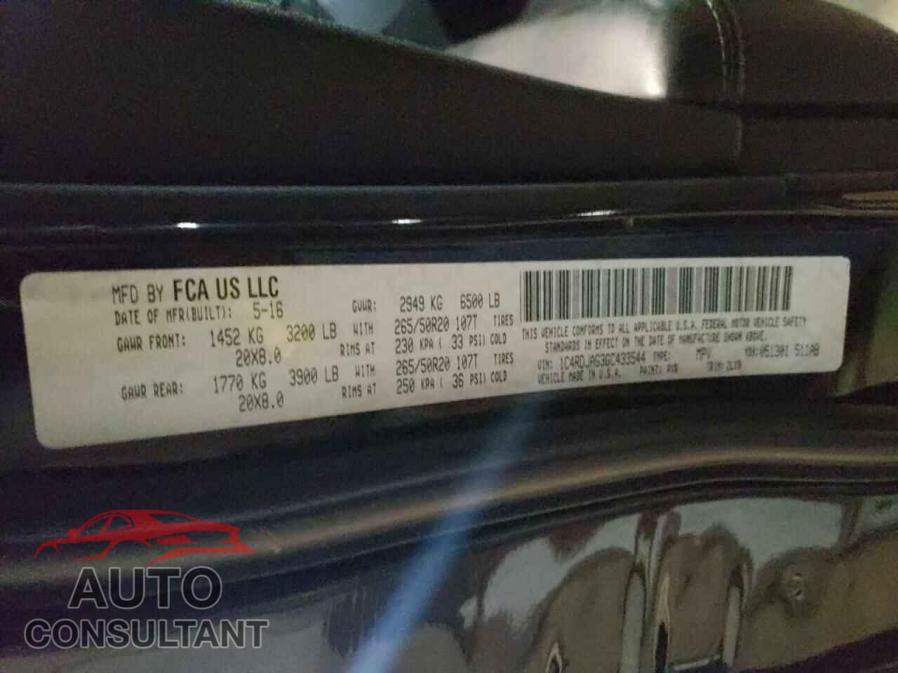 DODGE DURANGO 2016 - 1C4RDJAG3GC433544