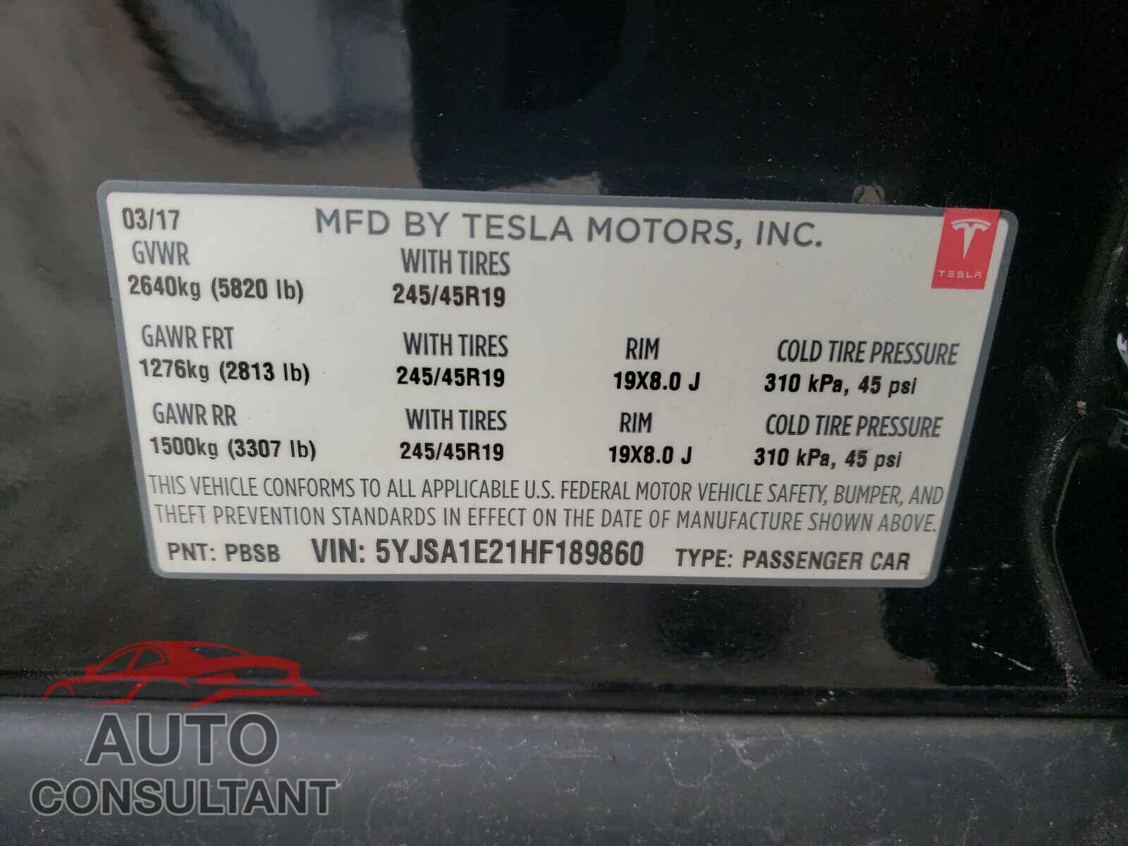 TESLA MODEL S 2017 - 5YJSA1E21HF189860