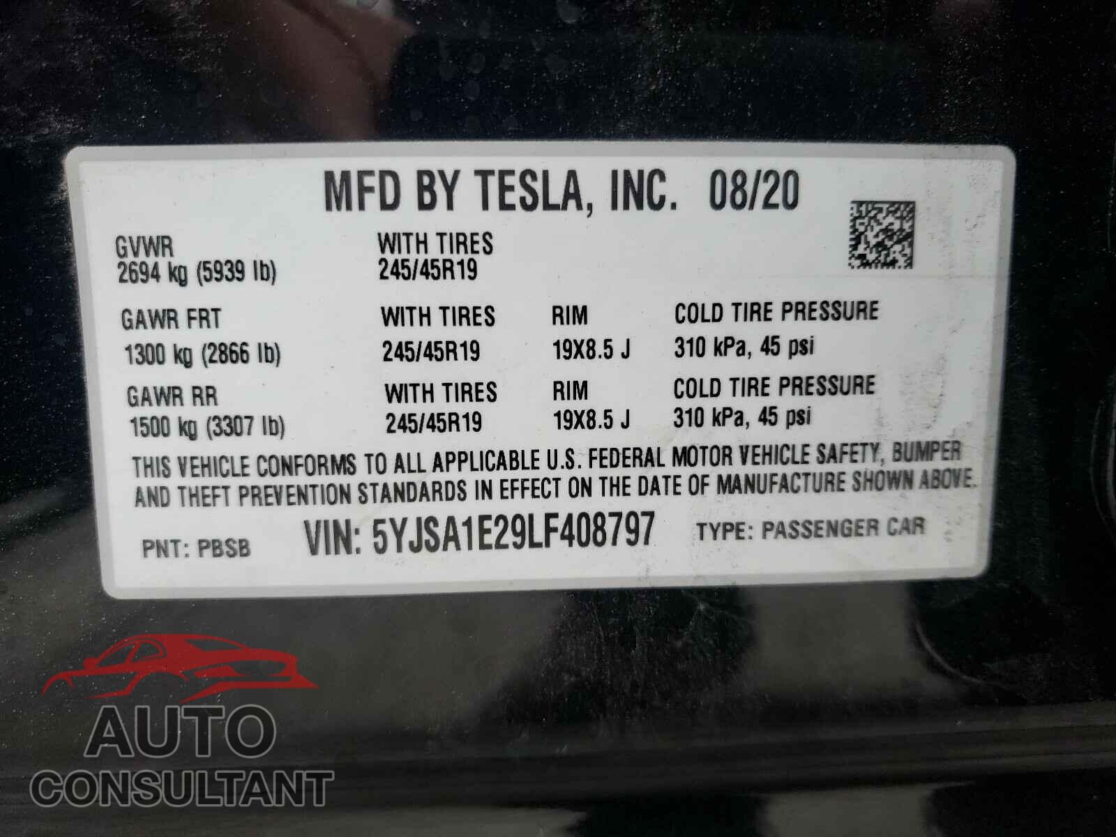 TESLA MODEL S 2020 - 5YJSA1E29LF408797