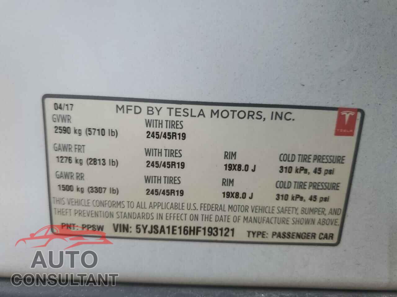 TESLA MODEL S 2017 - 5YJSA1E16HF193121