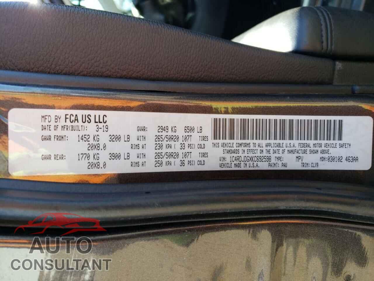 DODGE DURANGO 2019 - 1C4RDJDGXKC692598