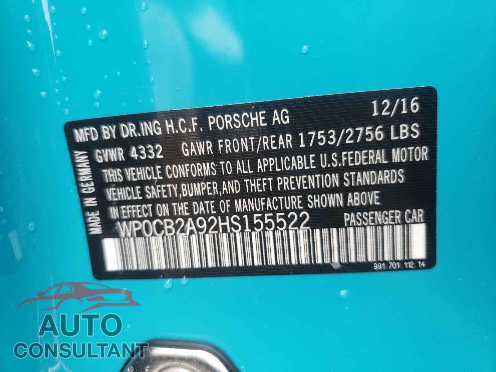 PORSCHE 911 2017 - WP0CB2A92HS155522