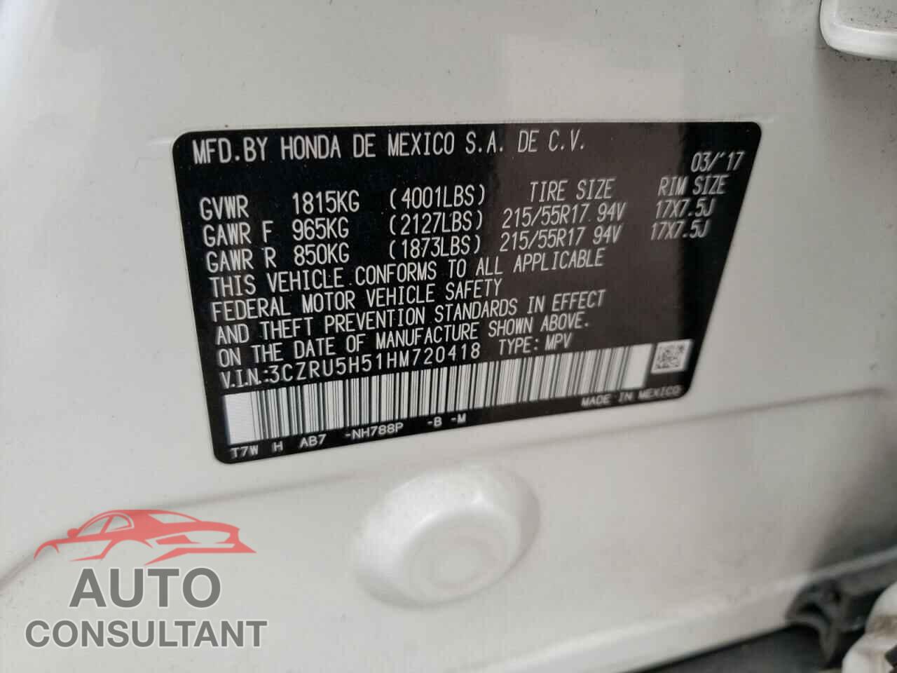 HONDA HR-V 2017 - 3CZRU5H51HM720418