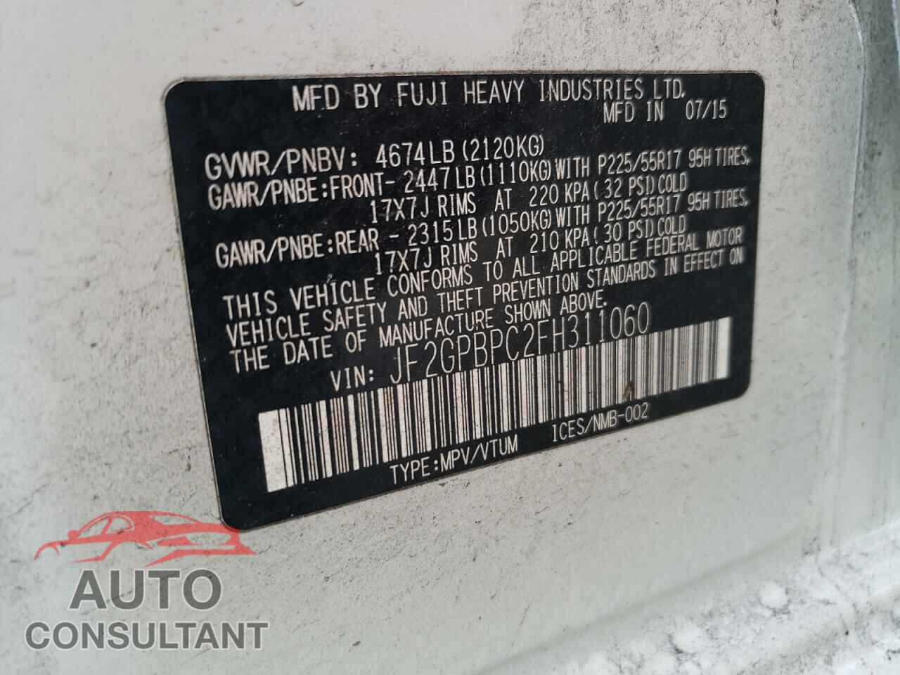 SUBARU XV 2015 - JF2GPBPC2FH311060
