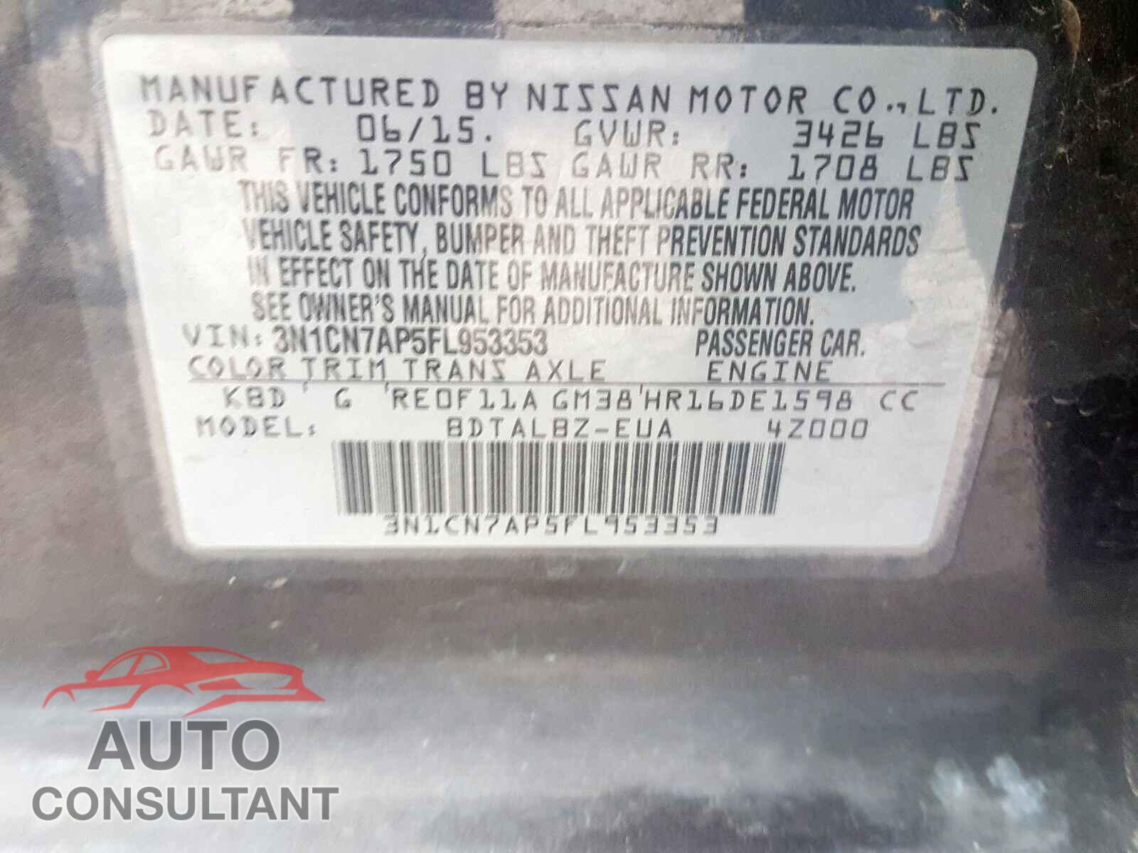 NISSAN VERSA 2015 - 5YJ3E1EB5MF030116