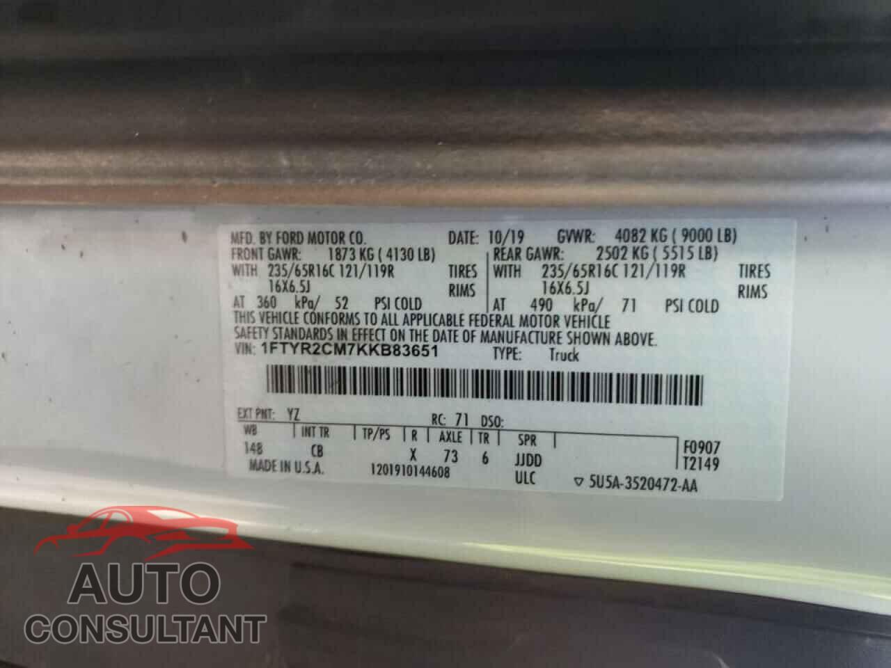 FORD TRANSIT CO 2019 - 1FTYR2CM7KKB83651