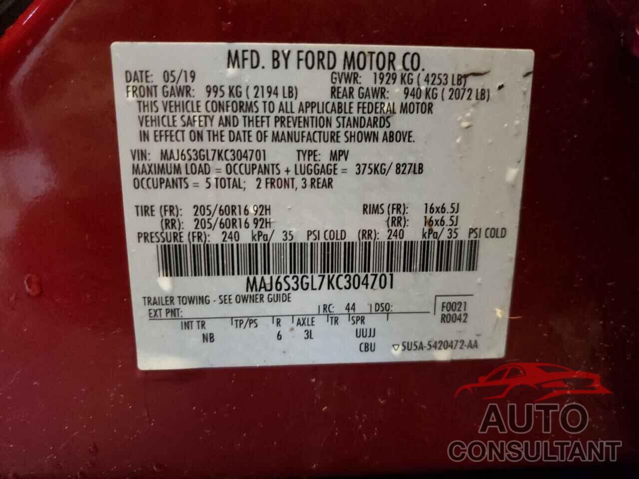 FORD ECOSPORT 2019 - MAJ6S3GL7KC304701