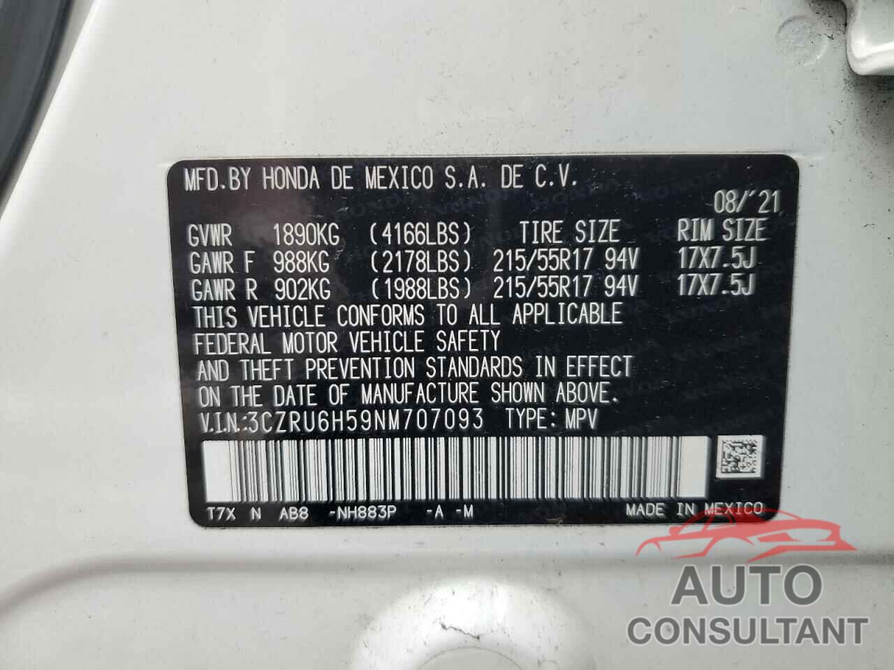 HONDA HR-V 2022 - 3CZRU6H59NM707093