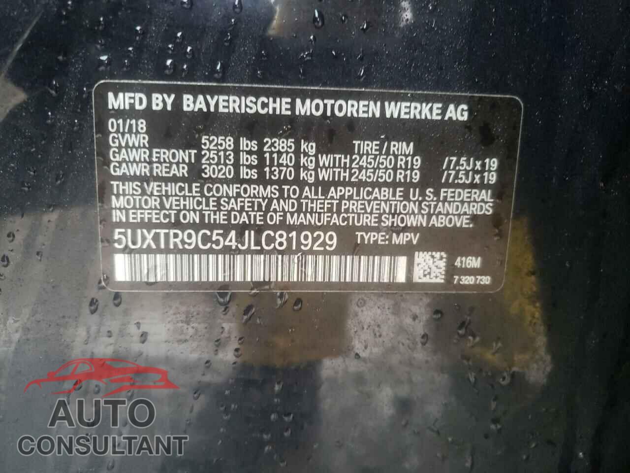 BMW X3 2018 - 5UXTR9C54JLC81929