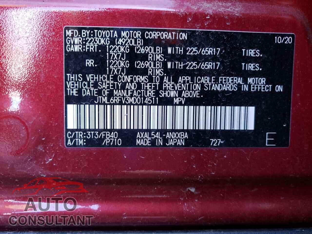 TOYOTA RAV4 2021 - JTML6RFV3MD014511