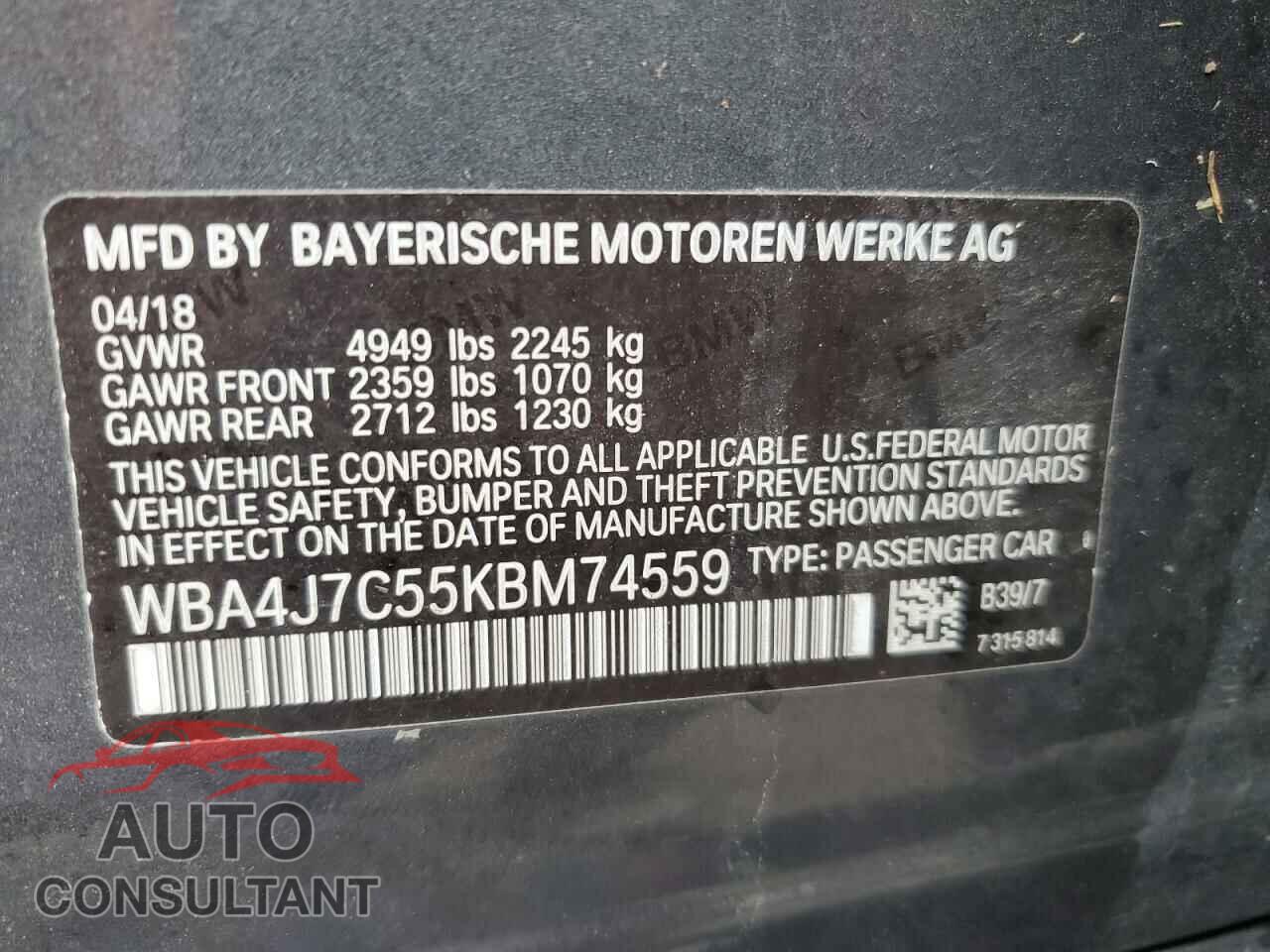 BMW 4 SERIES 2019 - WBA4J7C55KBM74559
