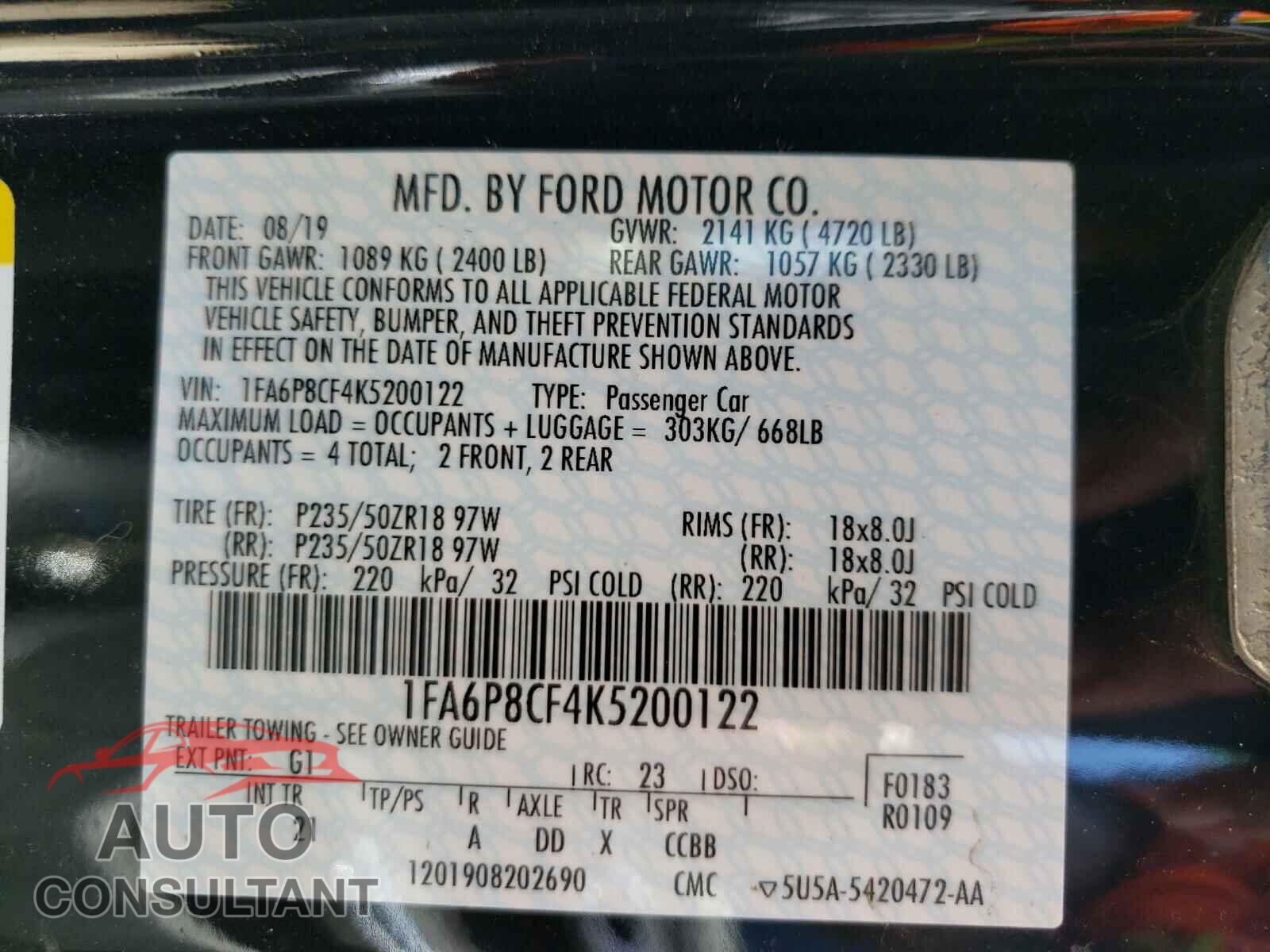 FORD MUSTANG 2019 - 1FA6P8CF4K5200122