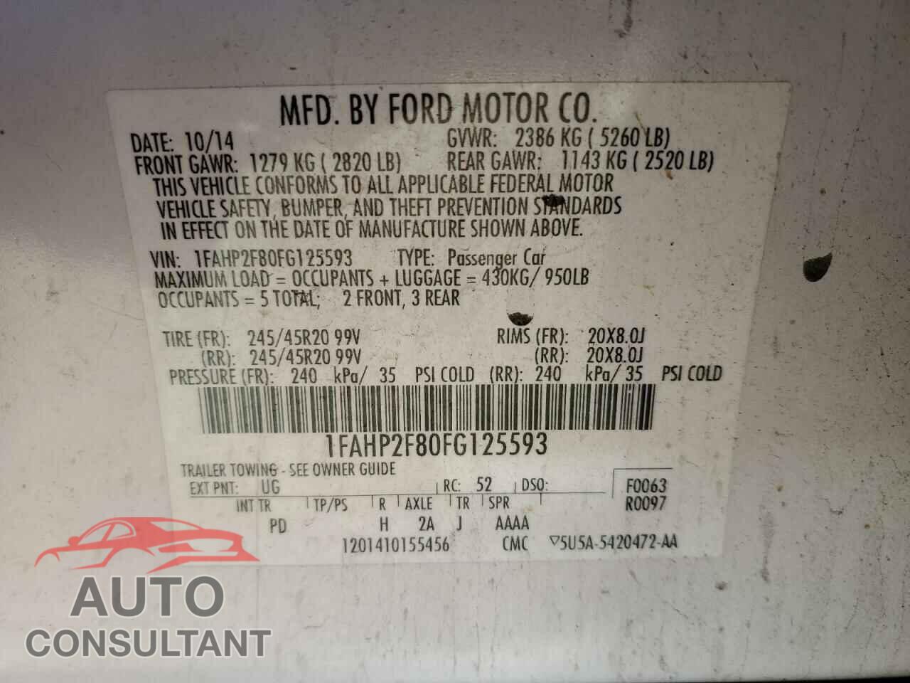 FORD TAURUS 2015 - 1FAHP2F80FG125593