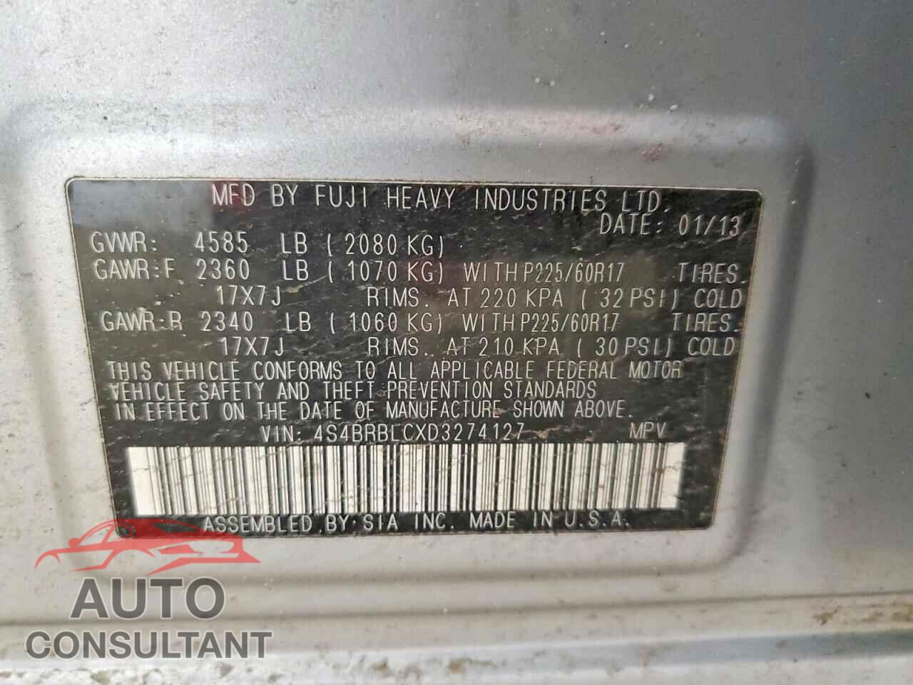 SUBARU OUTBACK 2013 - 4S4BRBLCXD3274127