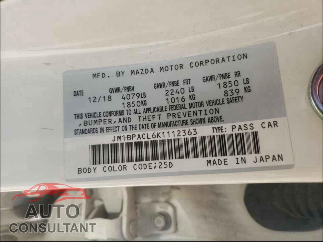 MAZDA 3 2019 - JM1BPACL6K1112363