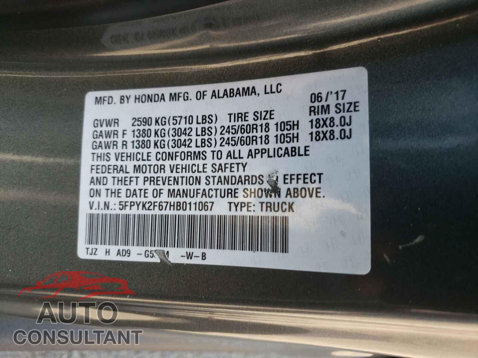 HONDA RIDGELINE 2017 - 5FPYK2F67HB011067