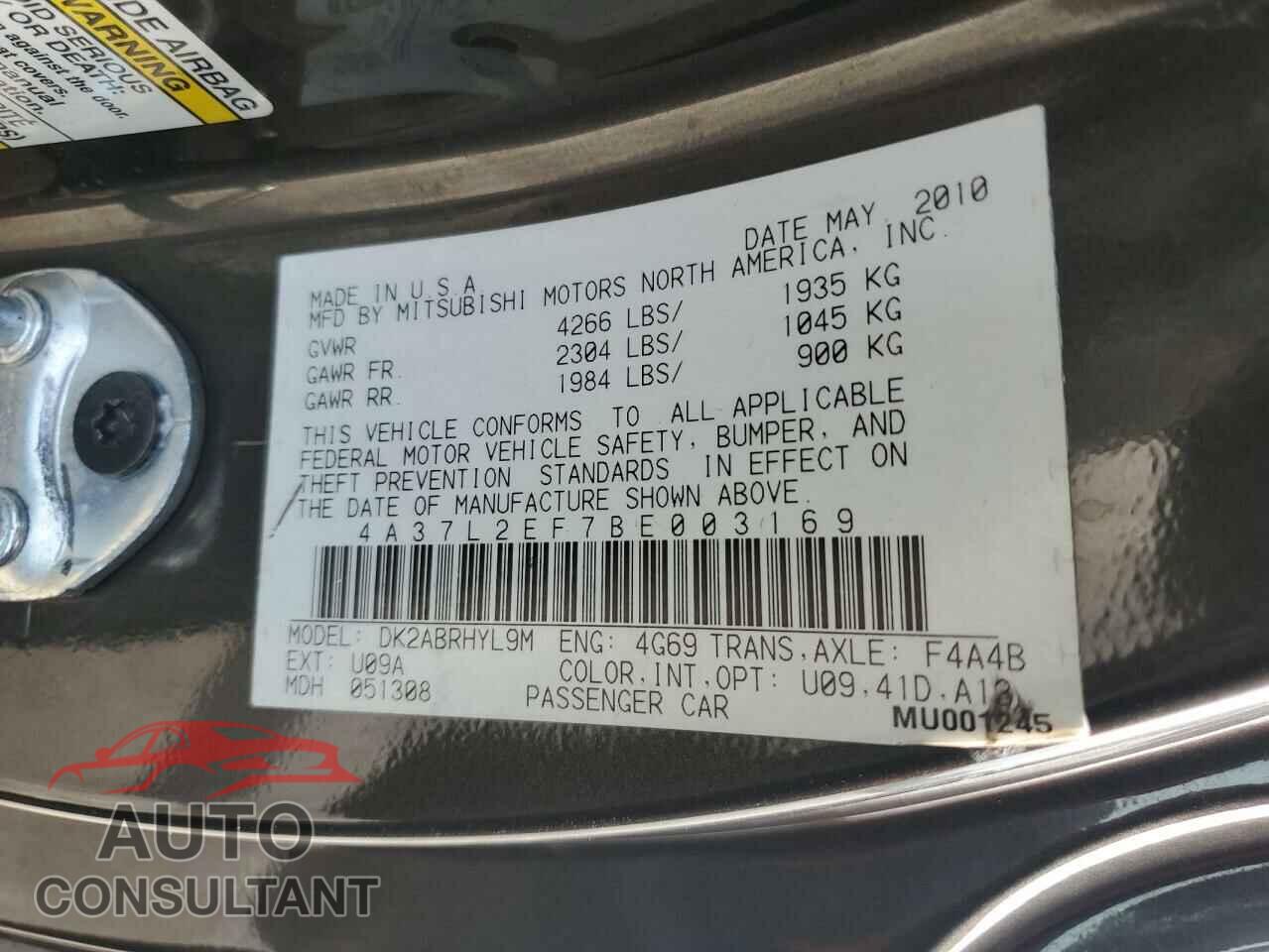 MITSUBISHI ECLIPSE 2011 - 4A37L2EF7BE003169