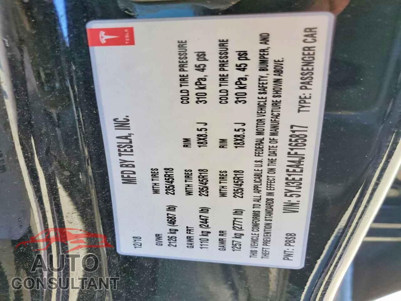 TESLA MODEL 3 2018 - 5YJ3E1EA4JF165817