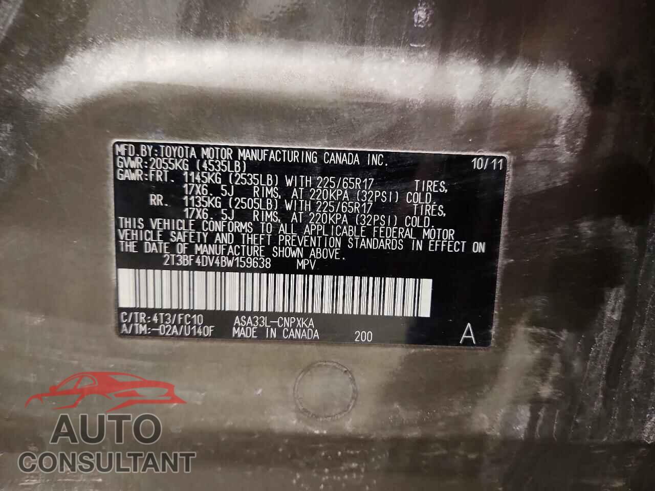 TOYOTA RAV4 2011 - 2T3BF4DV4BW159638