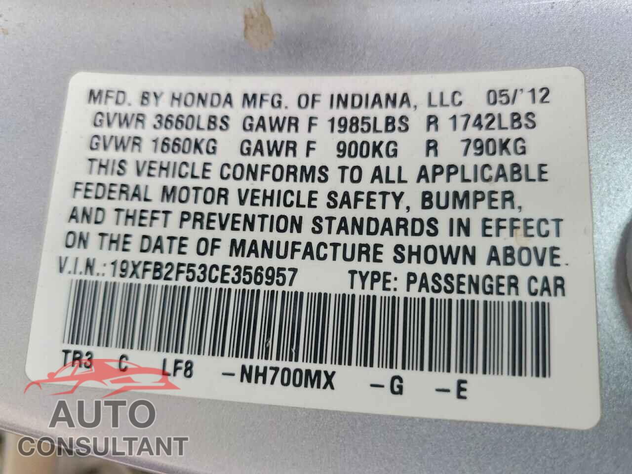HONDA CIVIC 2012 - 19XFB2F53CE356957