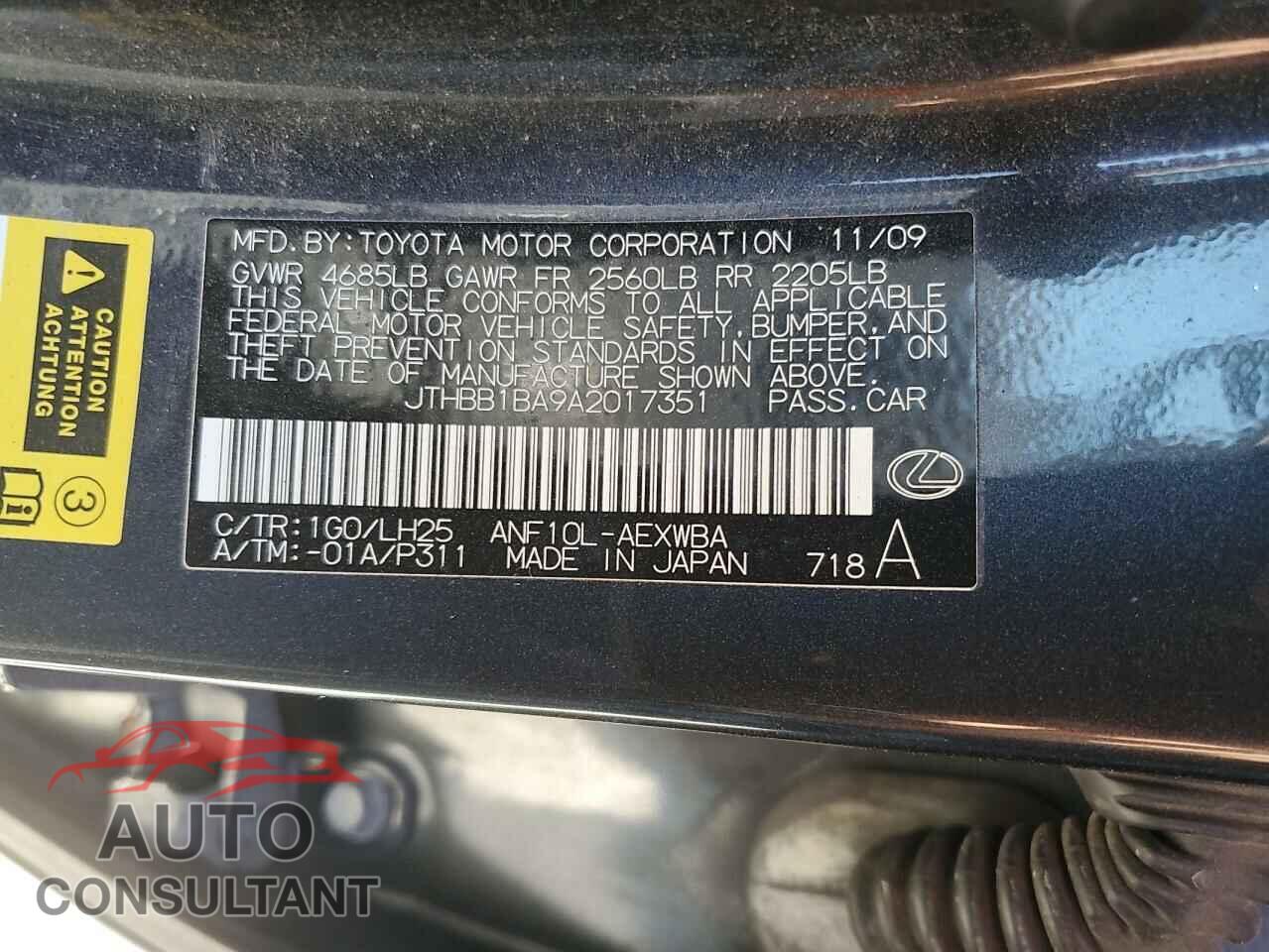 LEXUS HS 2010 - JTHBB1BA9A2017351