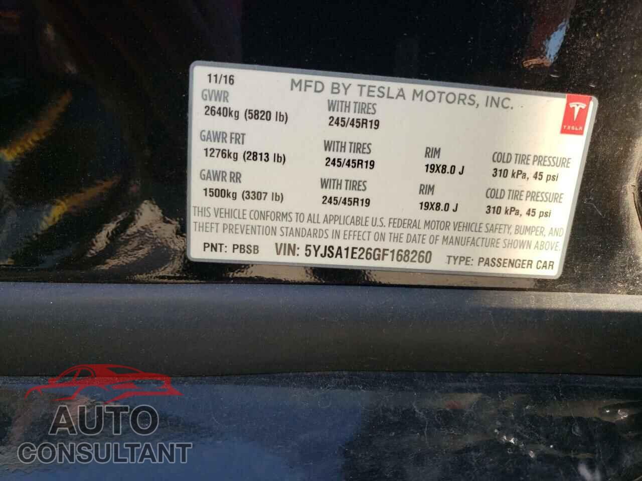 TESLA MODEL S 2016 - 5YJSA1E26GF168260